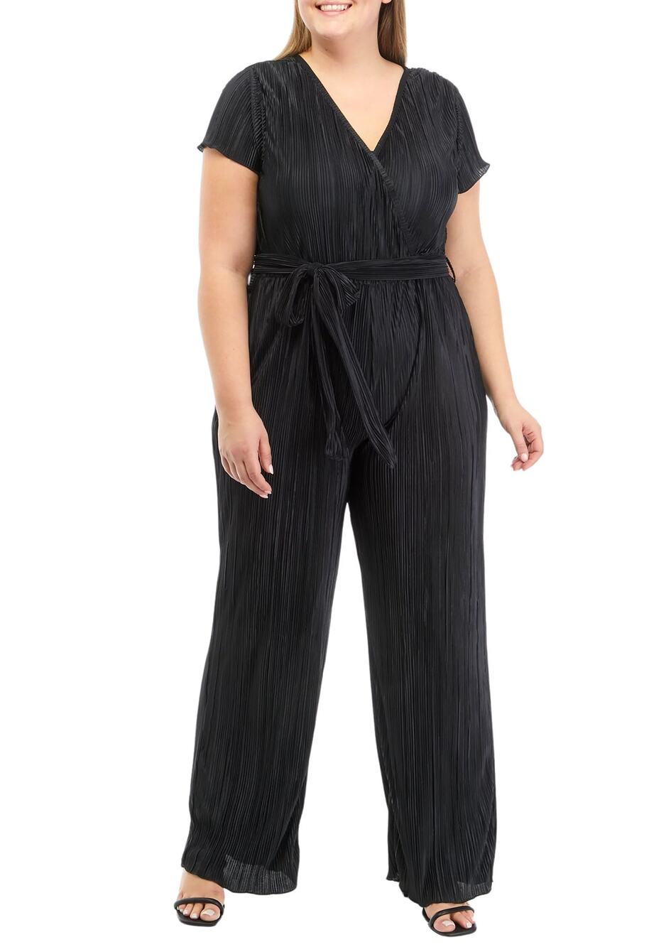 NWT Almost Famous Black Crinkled Border Tie Short Sleeve Jumpsuit Womens Size XS